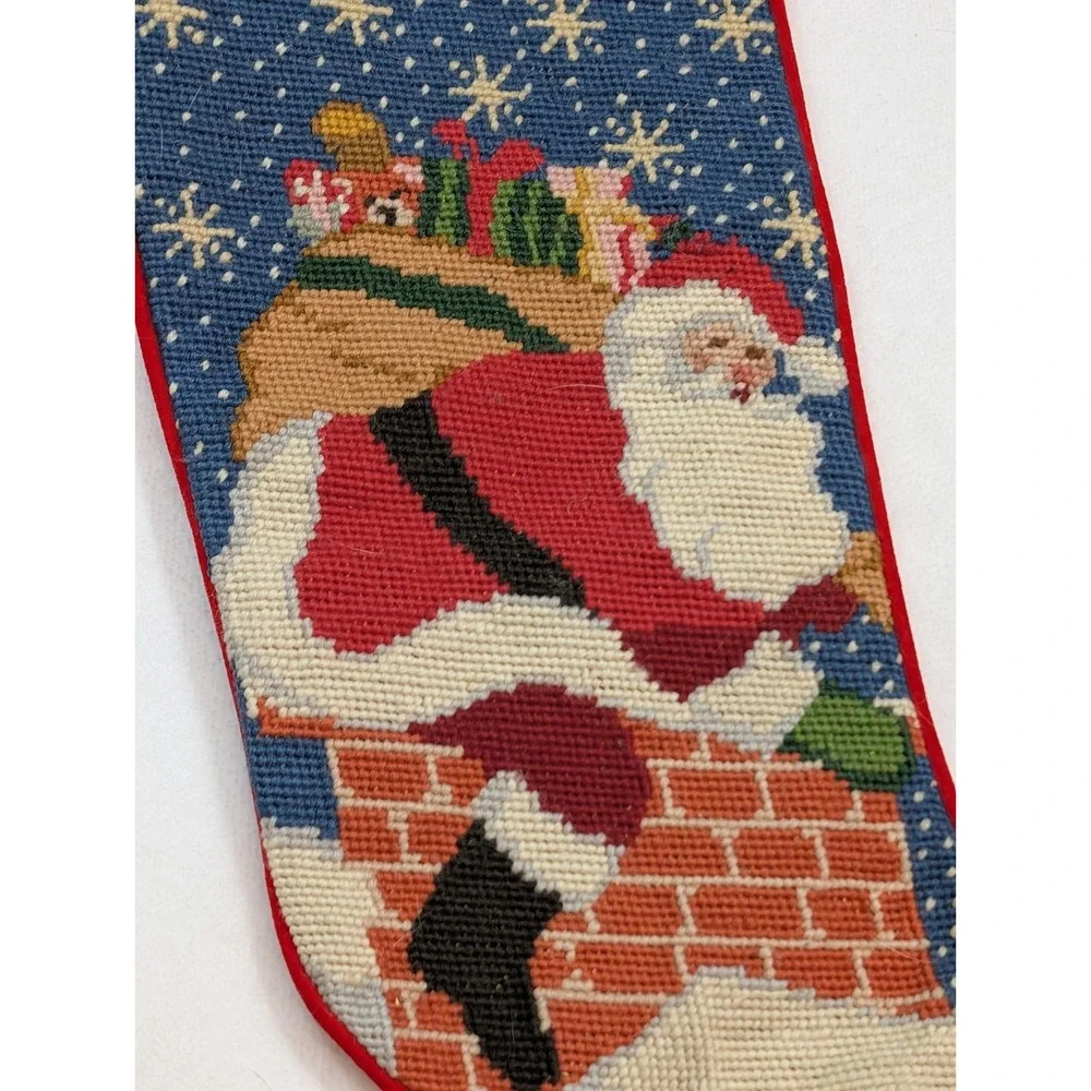 Vintage Christmas Stocking Wool Needlepoint Santa Chimney Roof Bag of Toys Stars